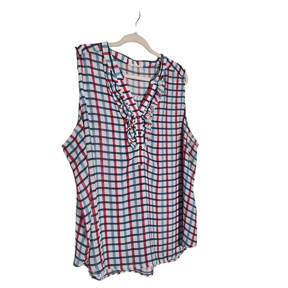 ModCloth Fun 2 Fun Sleeveless Plaid Red White Blue Office Blouse Women Size 3XL - Picture 3 of 10